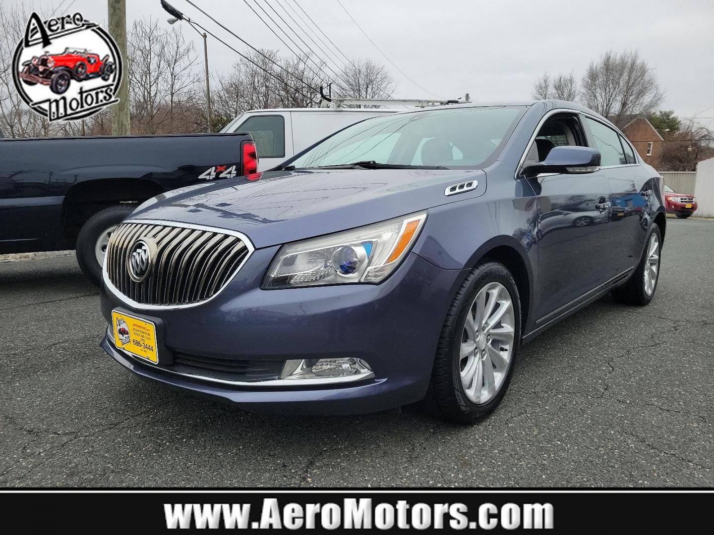 2014 Atlantis Blue Metallic - GWY /Ebony - H0Y Buick LaCrosse Leather (1G4GB5G3XEF) with an ENGINE, 3.6L SIDI DOHC V6 VVT engine, located at 50 Eastern Blvd., Essex, MD, 21221, (410) 686-3444, 39.304367, -76.484947 - Experience the epitome of luxury and performance with our stunning 2014 Buick LaCrosse Leather 4dr Sedan. Rising above the ordinary with an eye-catching Atlantis Blue Metallic exterior, this car is a proud testament to Buick's classic aesthetics. Complementing the beautiful exterior is an Ebony inte - Photo#0