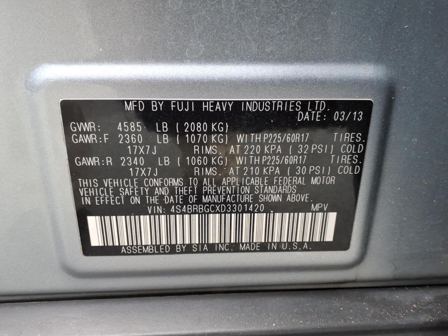 2013 Twilight Blue Metallic Tbm Subaru Outback 2.5i Premium (4S4BRBGCXD3) with an 2.5L 2.5L H4 173hp 174ft. lbs. Sequential-Port F.I. engine, CVT transmission, located at 50 Eastern Blvd., Essex, MD, 21221, (410) 686-3444, 39.304367, -76.484947 - Photo#27